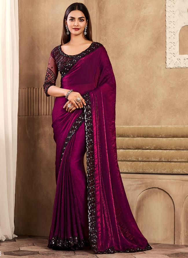 Cherry Silk Violet Party Wear Embroidery Work Saree